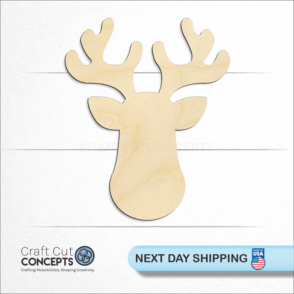 Craft Cut Concepts logo and next day shipping banner with an unfinished wood Reindeer Head craft shape and blank