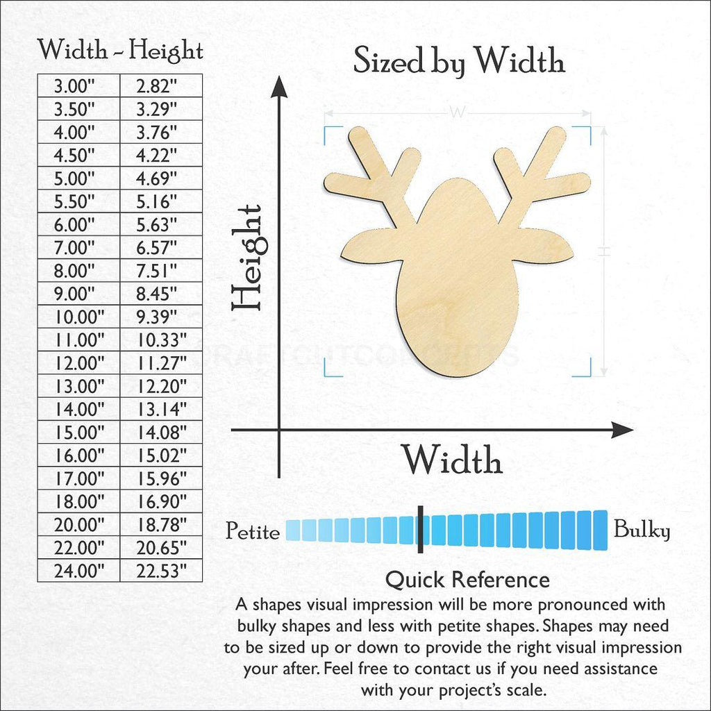 Sizes available for a laser cut Reindeer Head craft blank