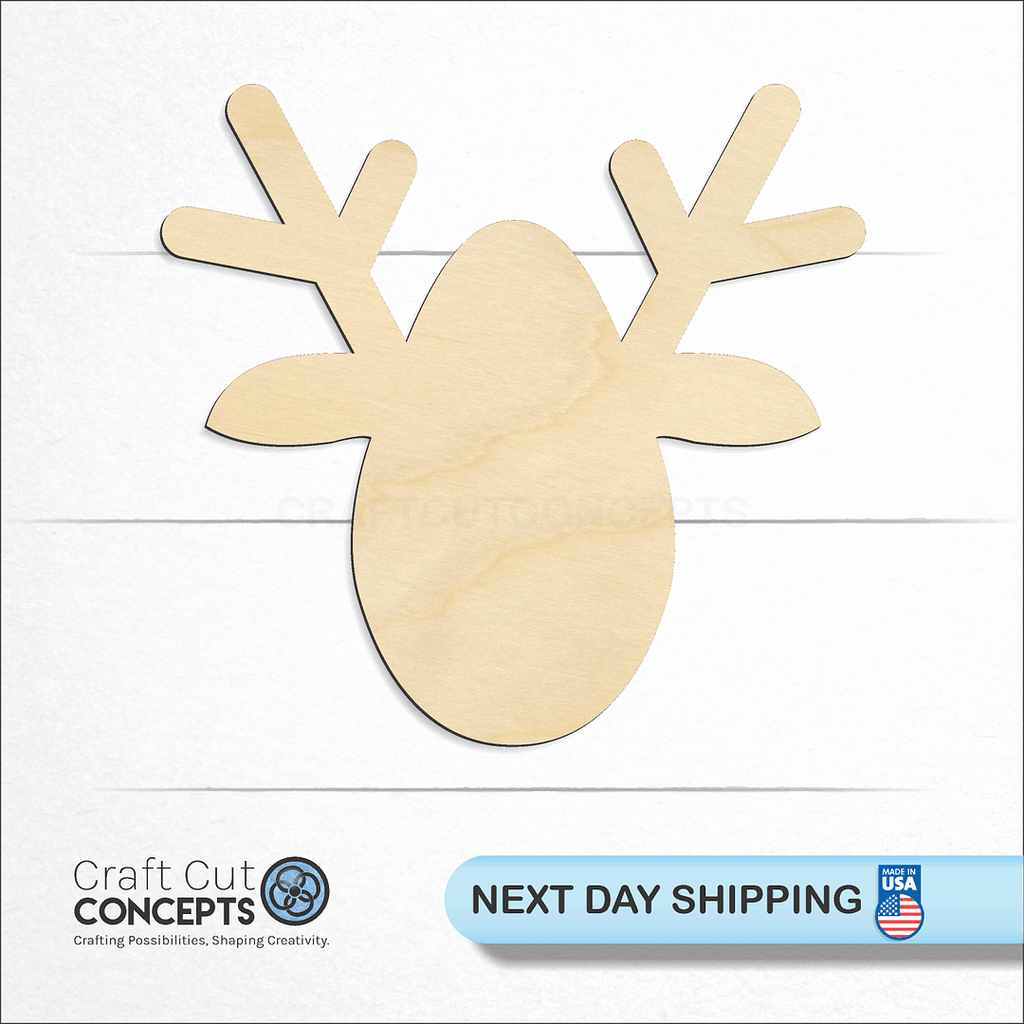 Craft Cut Concepts logo and next day shipping banner with an unfinished wood Reindeer Head craft shape and blank