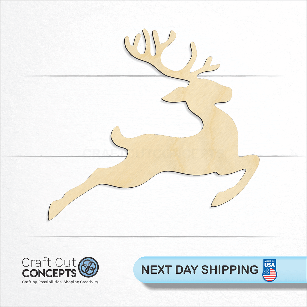 Craft Cut Concepts logo and next day shipping banner with an unfinished wood Reindeer craft shape and blank