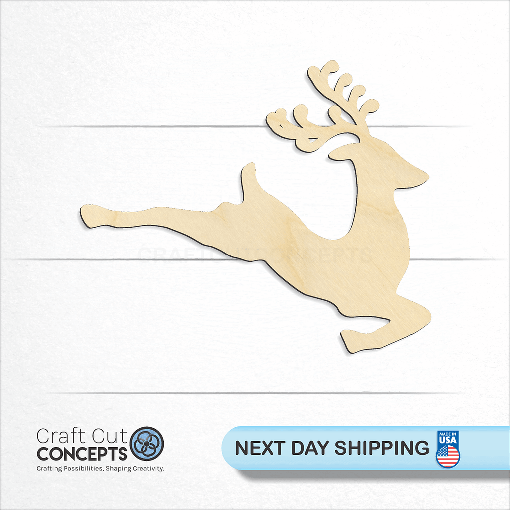 Craft Cut Concepts logo and next day shipping banner with an unfinished wood Reindeer craft shape and blank