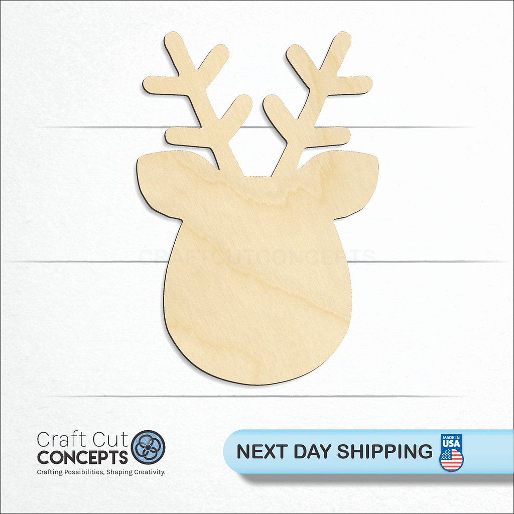 Craft Cut Concepts logo and next day shipping banner with an unfinished wood Reindeer craft shape and blank