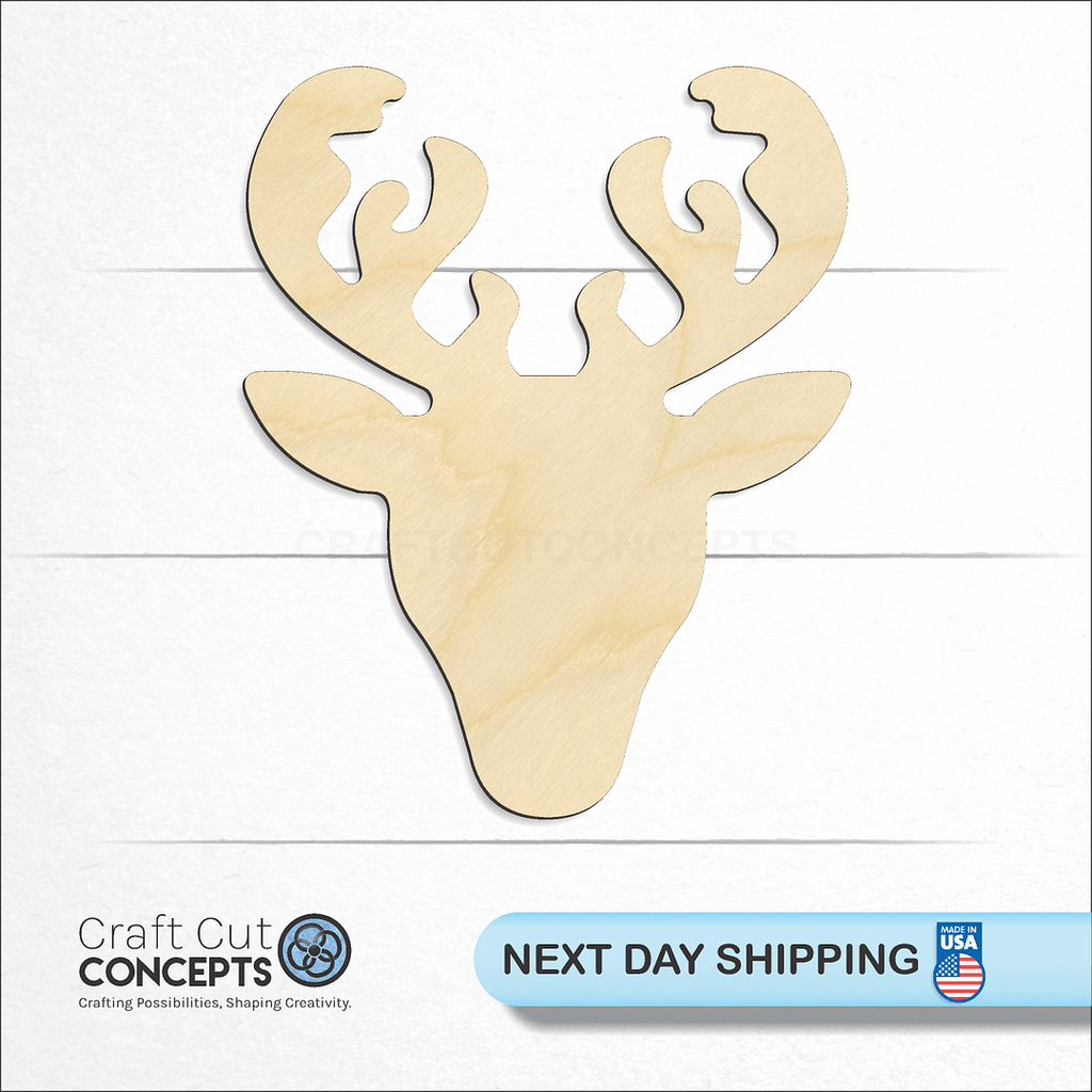 Craft Cut Concepts logo and next day shipping banner with an unfinished wood Reindeer Head craft shape and blank