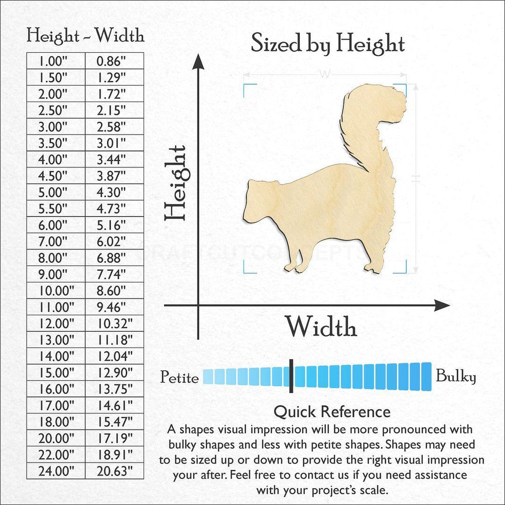 Sizes available for a laser cut Skunk craft blank