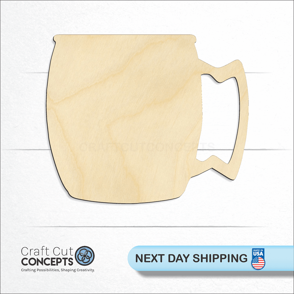 Craft Cut Concepts logo and next day shipping banner with an unfinished wood Copper Mug craft shape and blank