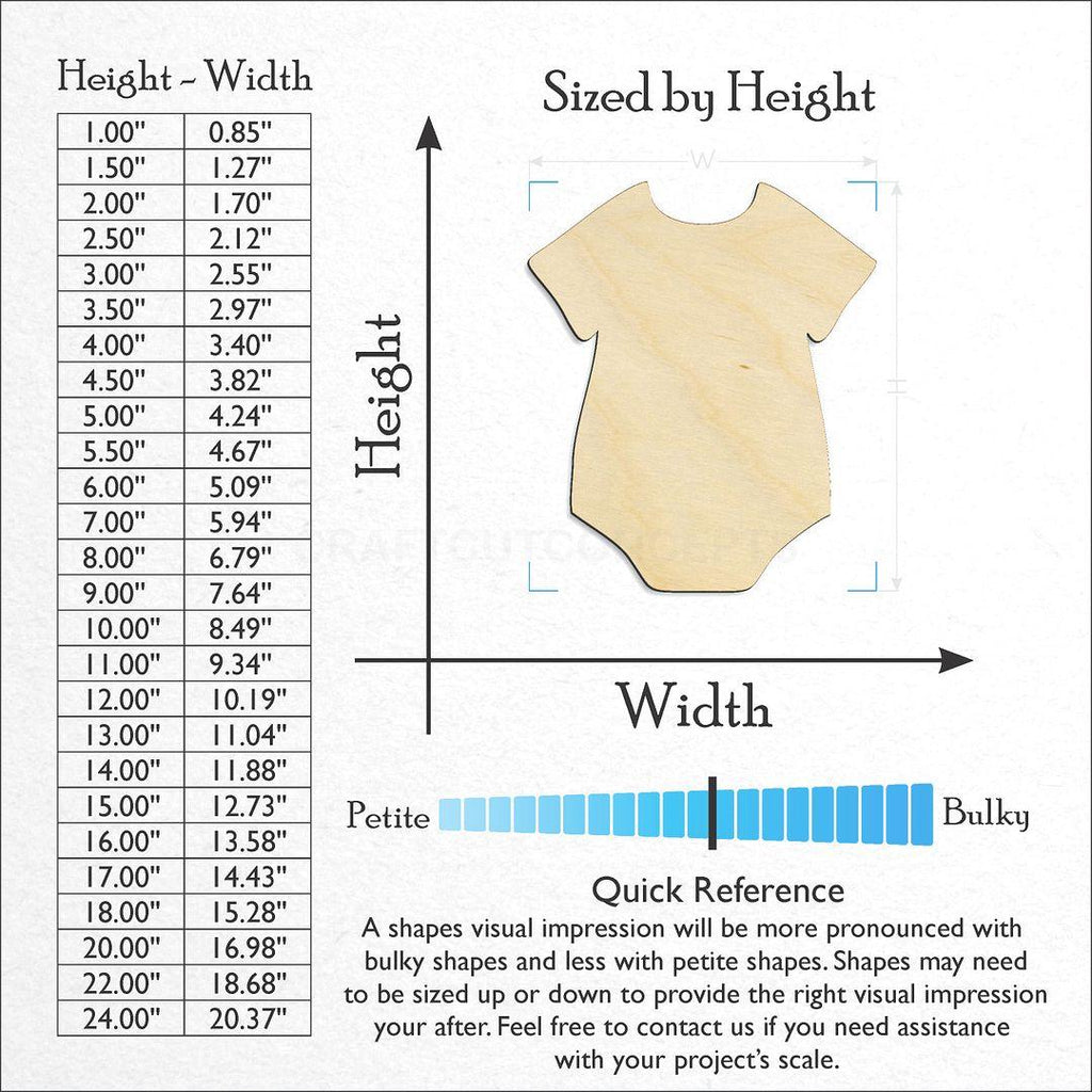 Sizes available for a laser cut Baby Onesie craft blank