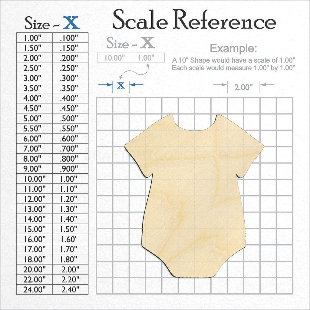 A scale and graph image showing a wood Baby Onesie craft blank