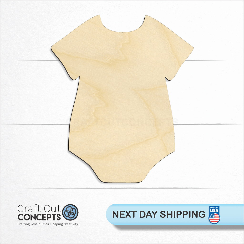 Craft Cut Concepts logo and next day shipping banner with an unfinished wood Baby Onesie craft shape and blank