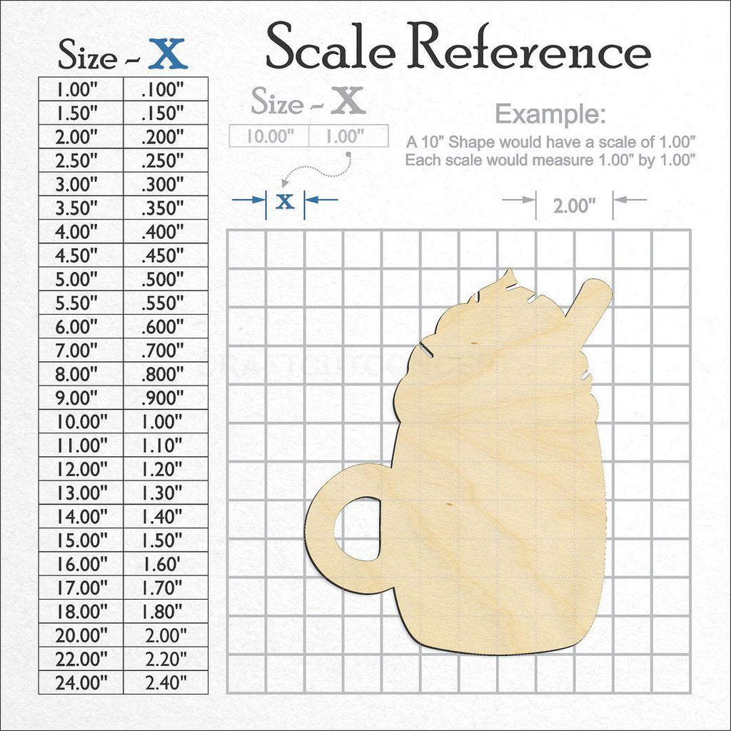 A scale and graph image showing a wood Hot Cocoa Mug with whipped topping craft blank