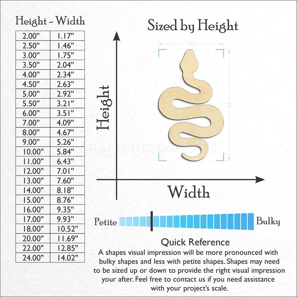 Sizes available for a laser cut Snake craft blank