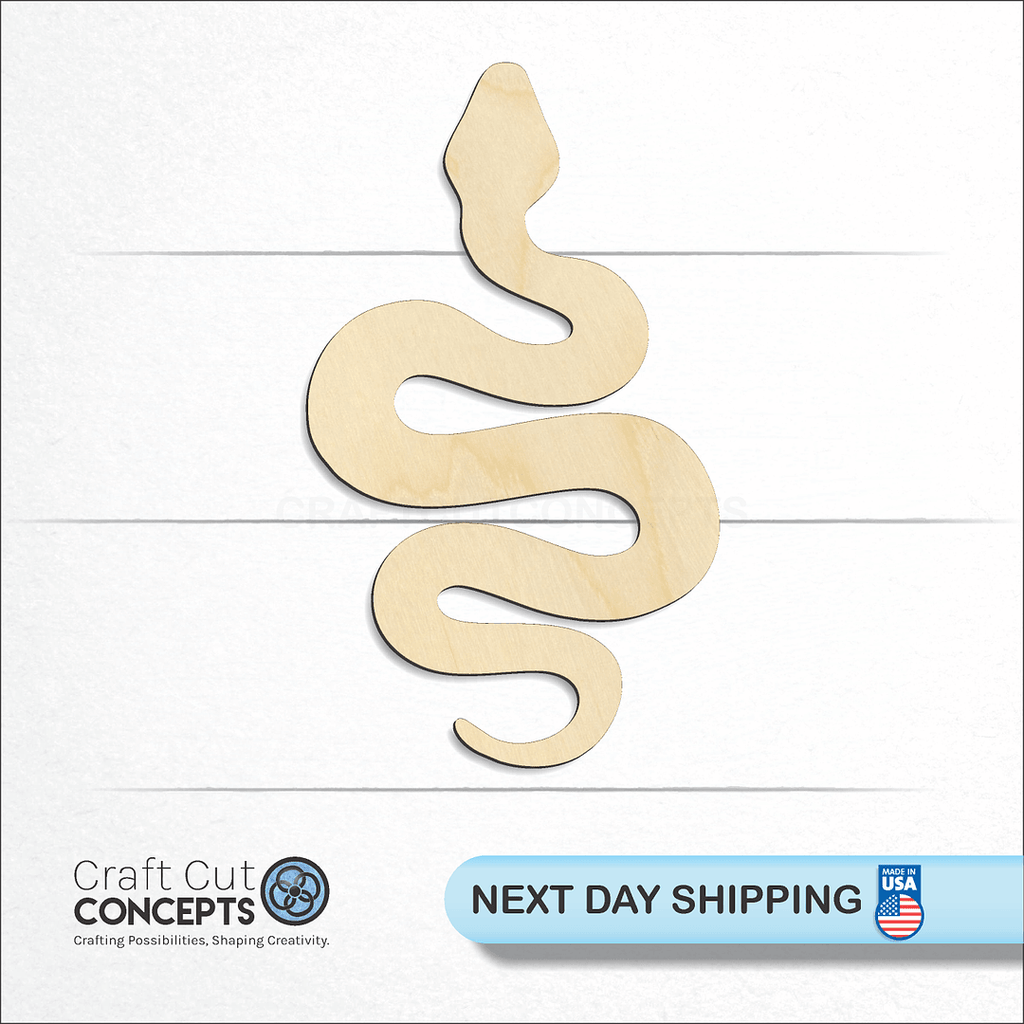 Craft Cut Concepts logo and next day shipping banner with an unfinished wood Snake craft shape and blank