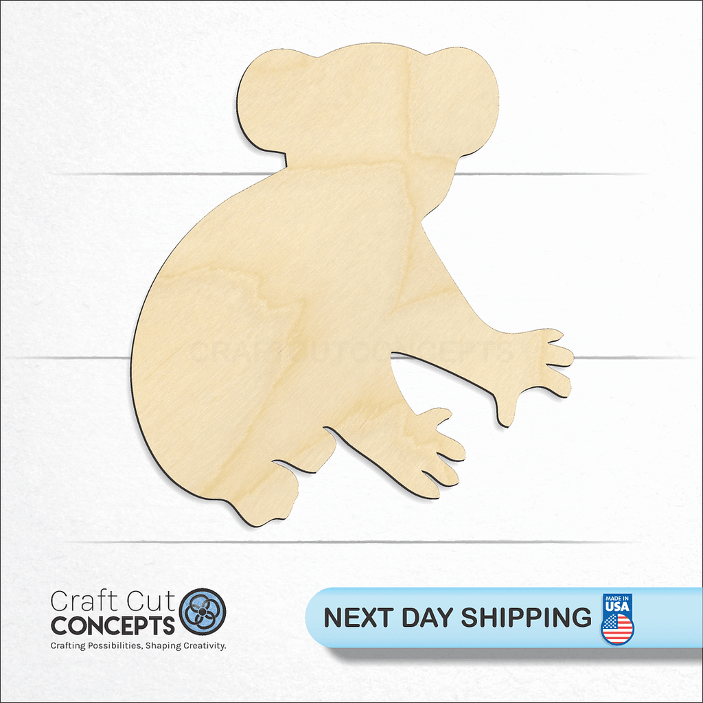 Craft Cut Concepts logo and next day shipping banner with an unfinished wood Koala craft shape and blank