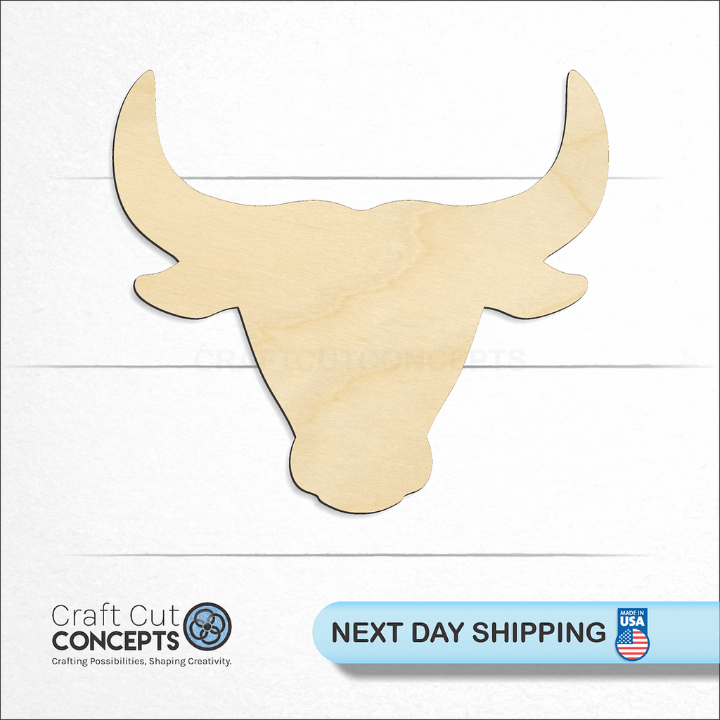 Craft Cut Concepts logo and next day shipping banner with an unfinished wood Bull Head craft shape and blank