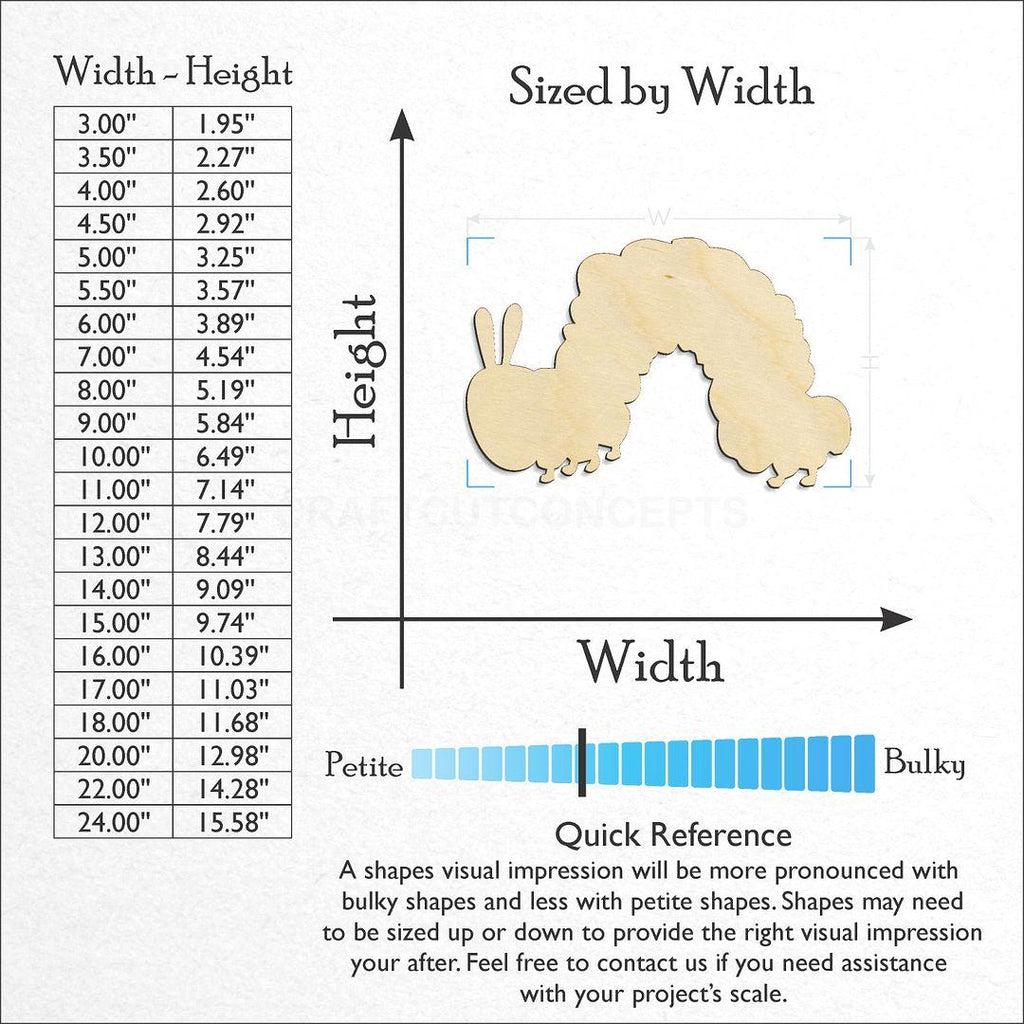 Sizes available for a laser cut Caterpillar craft blank