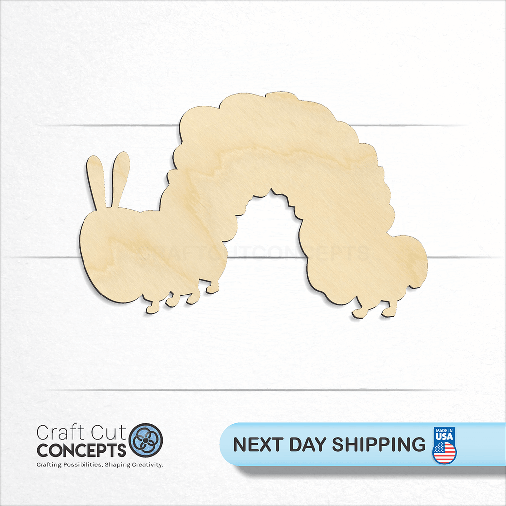 Craft Cut Concepts logo and next day shipping banner with an unfinished wood Caterpillar craft shape and blank