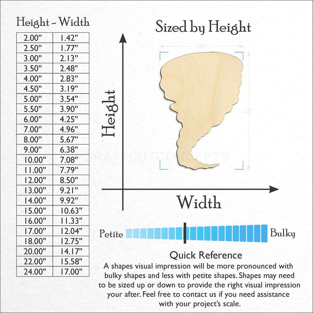 Sizes available for a laser cut Tornado craft blank