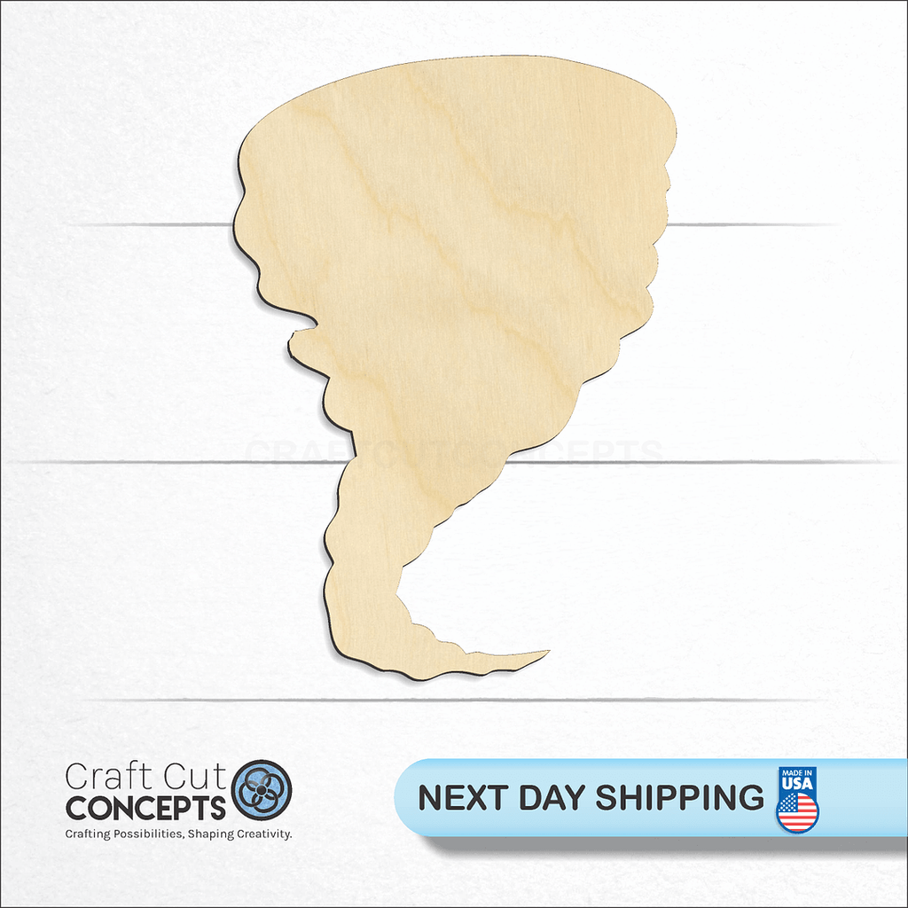 Craft Cut Concepts logo and next day shipping banner with an unfinished wood Tornado craft shape and blank