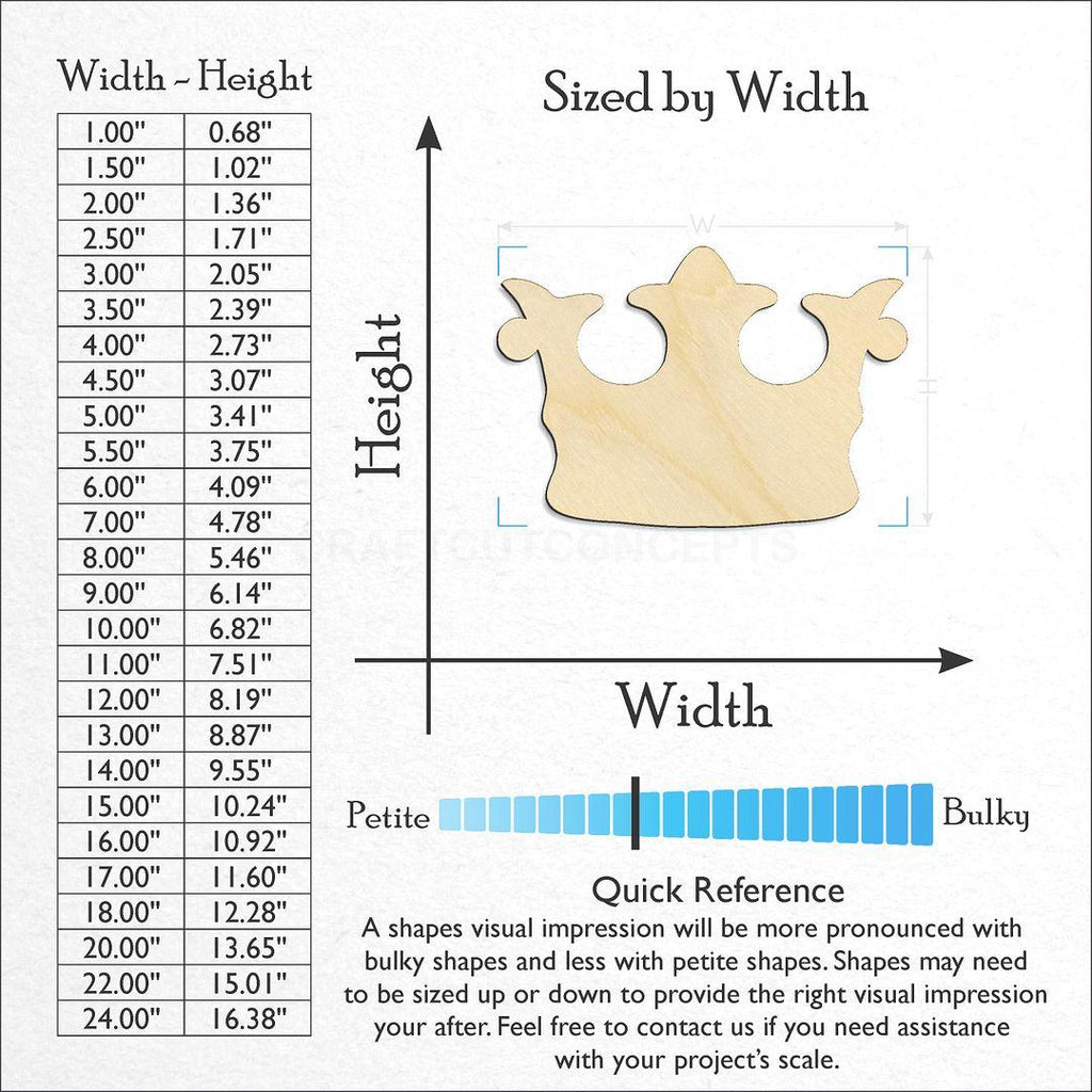 Sizes available for a laser cut Crown Tiara craft blank