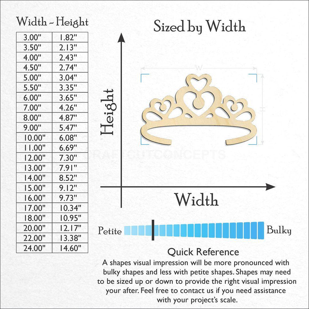 Sizes available for a laser cut Crown Tiara craft blank