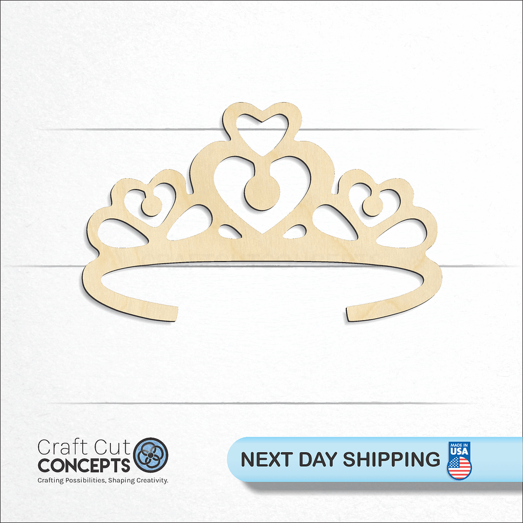 Craft Cut Concepts logo and next day shipping banner with an unfinished wood Crown Tiara craft shape and blank