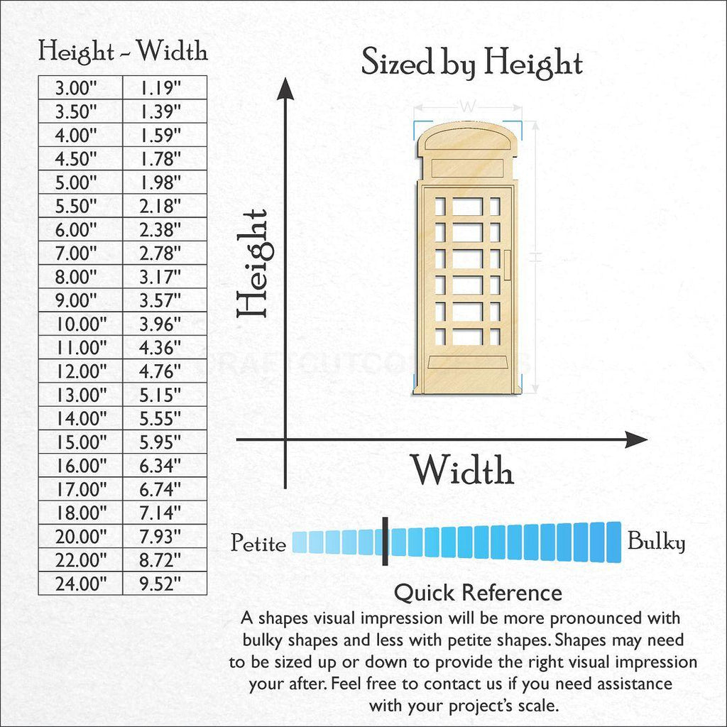 Sizes available for a laser cut Euro-Phonebooth craft blank