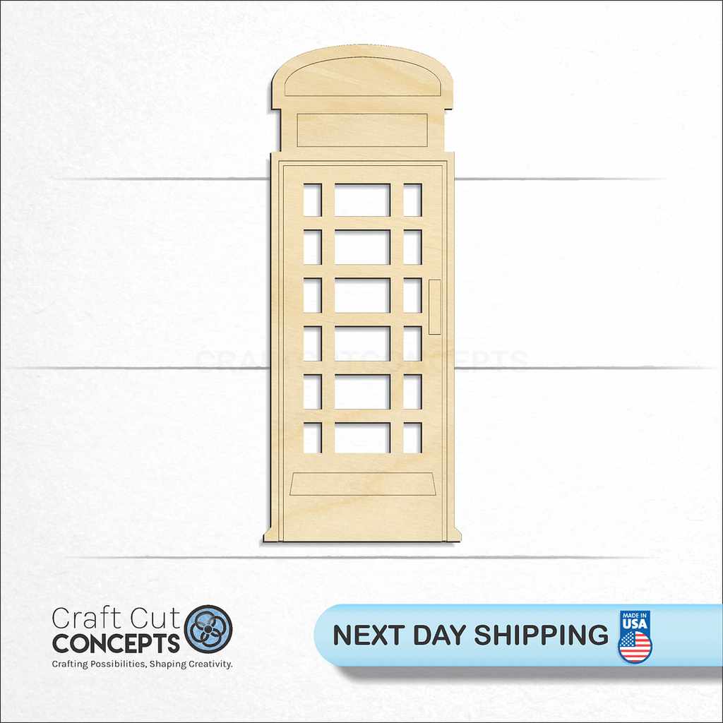 Craft Cut Concepts logo and next day shipping banner with an unfinished wood Euro-Phonebooth craft shape and blank