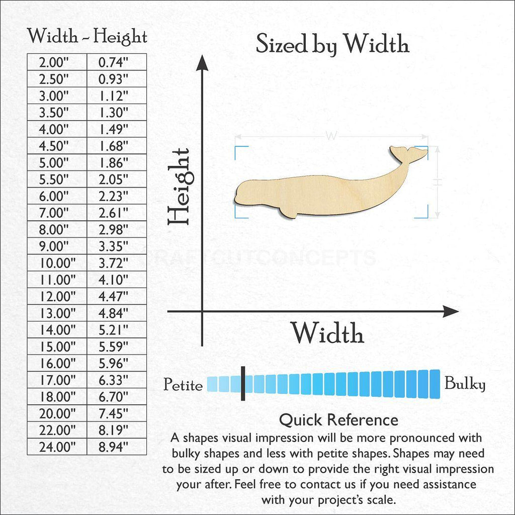 Sizes available for a laser cut Beluga Whale craft blank