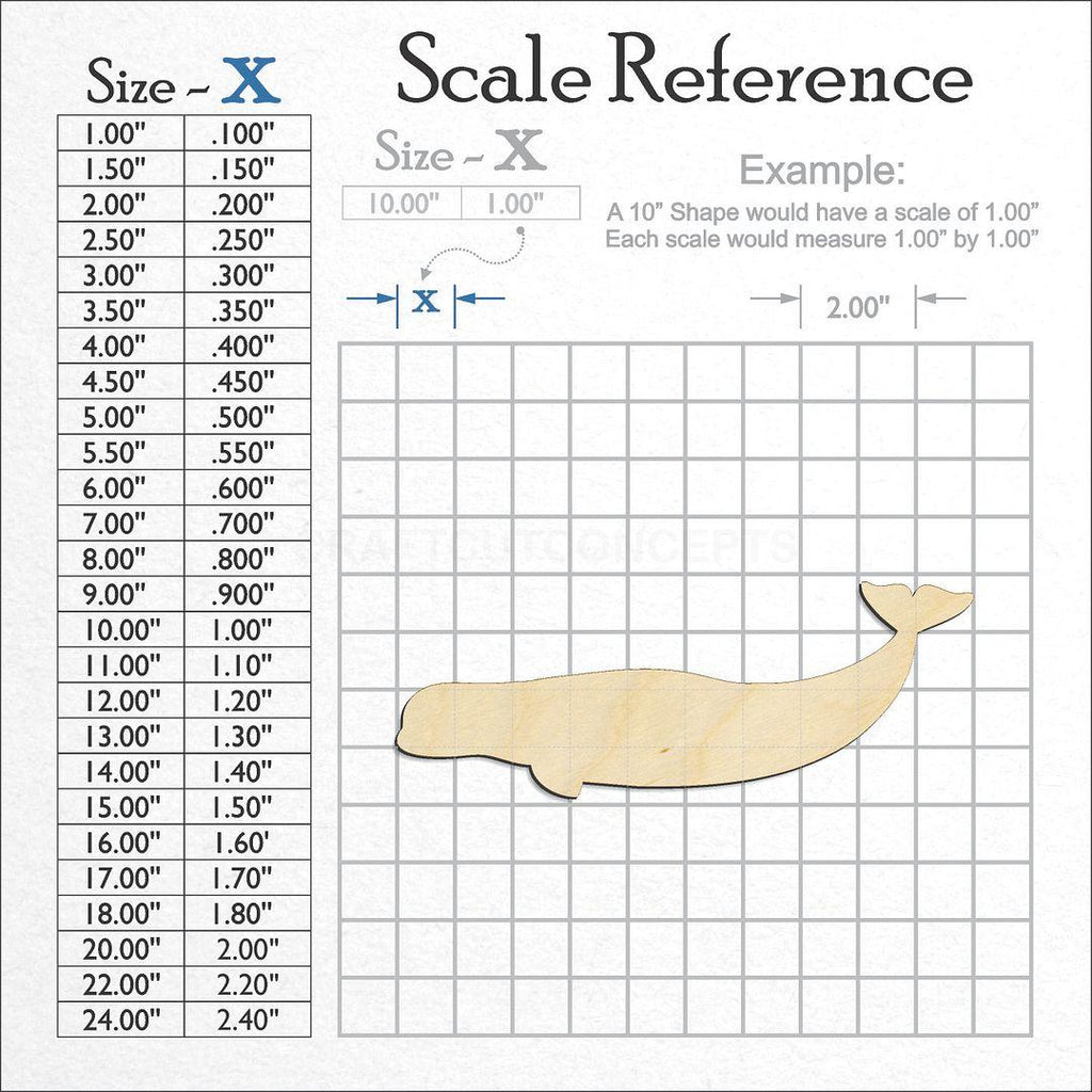 A scale and graph image showing a wood Beluga Whale craft blank