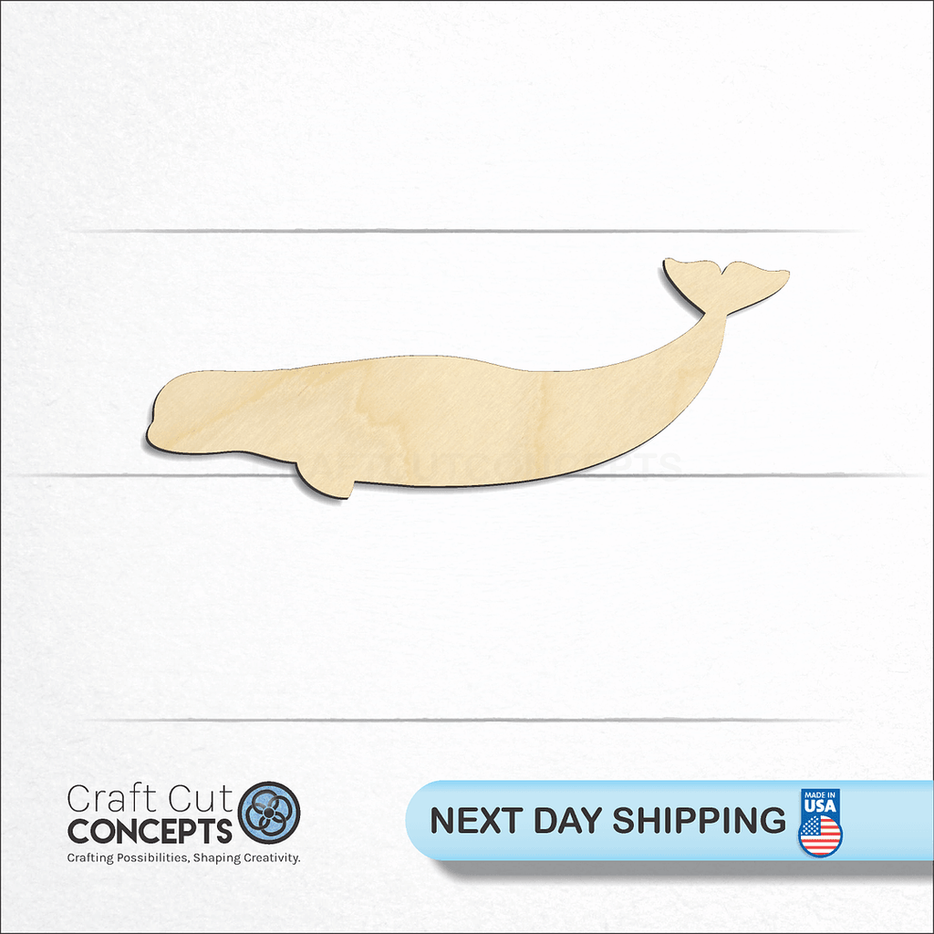 Craft Cut Concepts logo and next day shipping banner with an unfinished wood Beluga Whale craft shape and blank