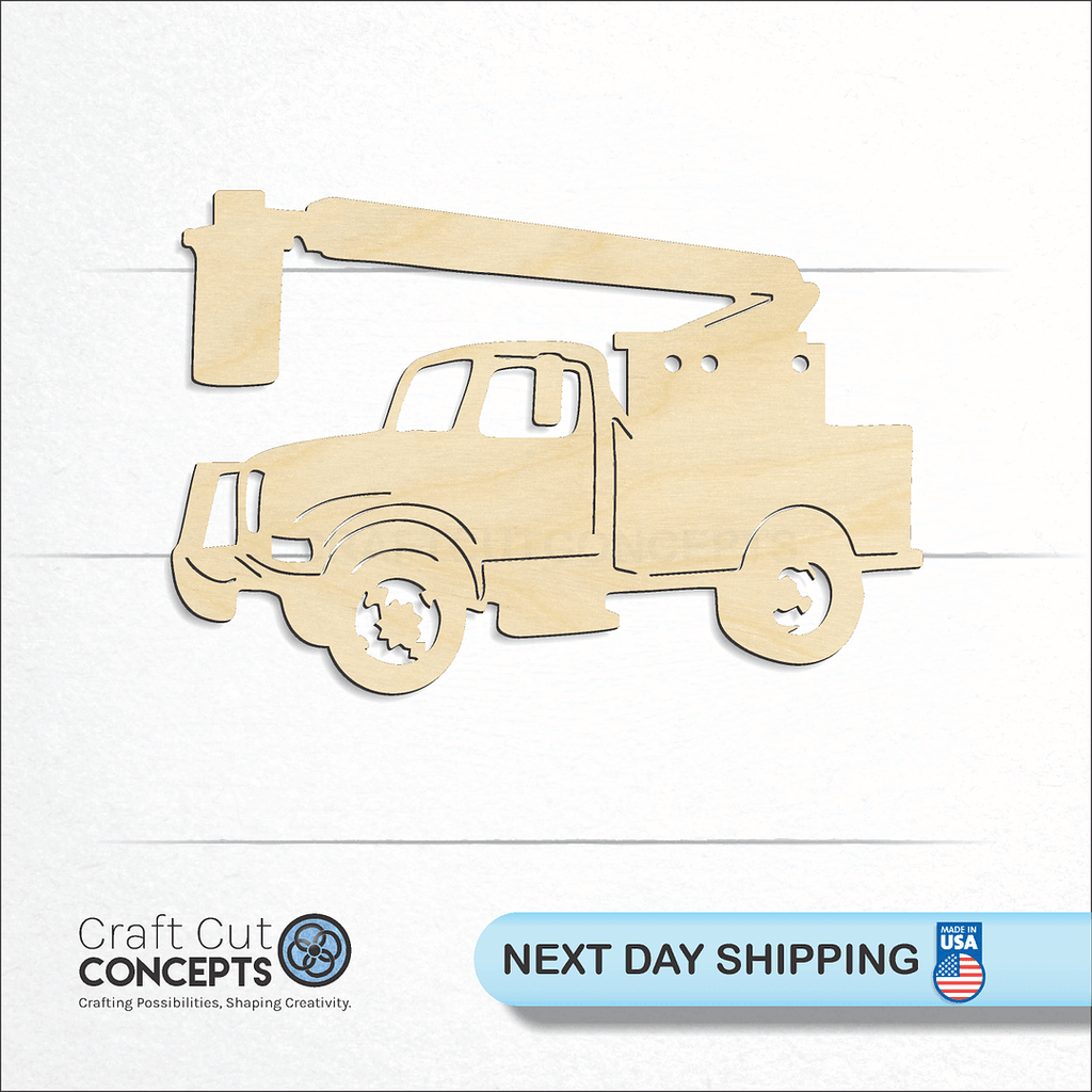 Craft Cut Concepts logo and next day shipping banner with an unfinished wood Bucket Truck craft shape and blank