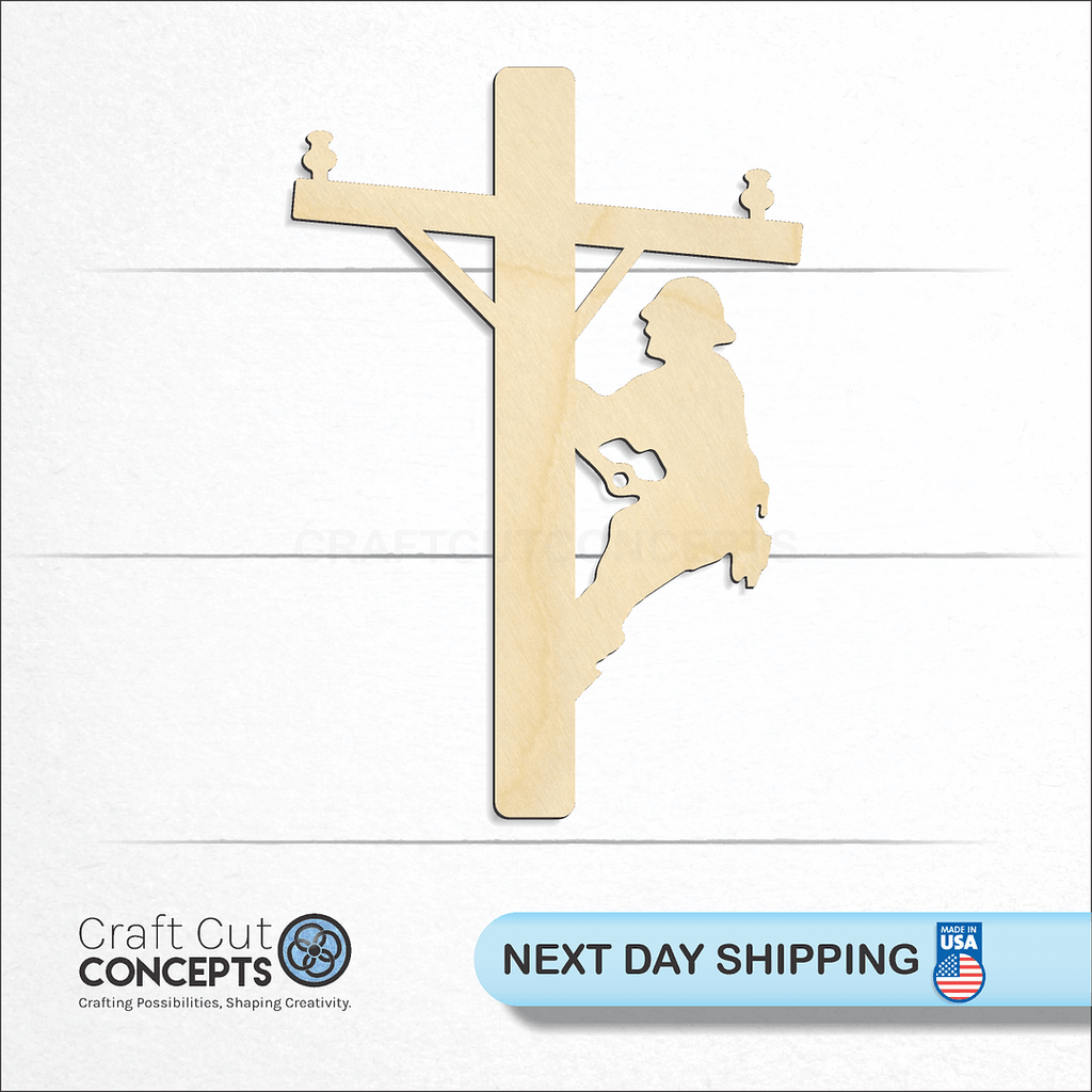 Craft Cut Concepts logo and next day shipping banner with an unfinished wood Lineman craft shape and blank