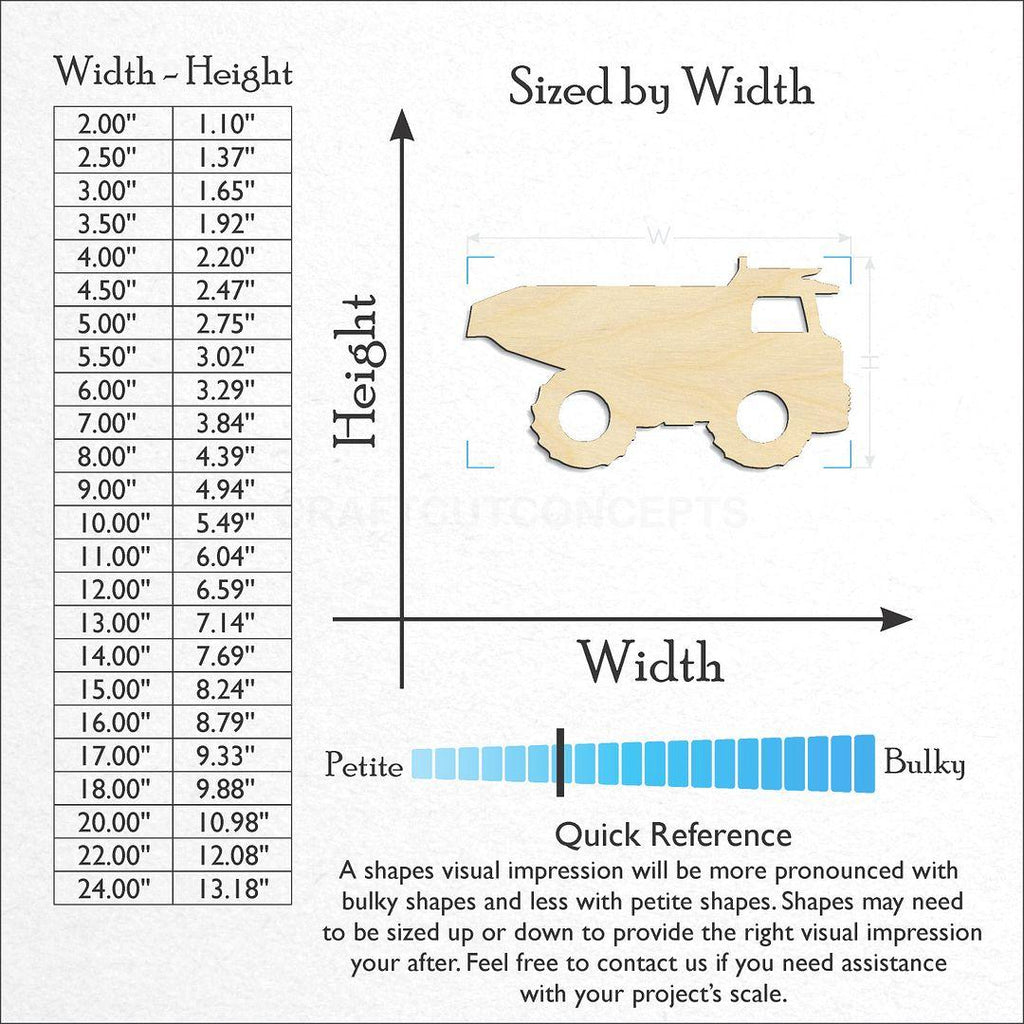 Sizes available for a laser cut Dump Truck craft blank