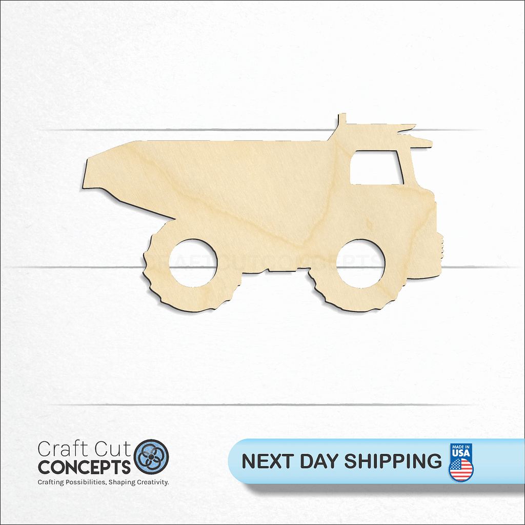 Craft Cut Concepts logo and next day shipping banner with an unfinished wood Dump Truck craft shape and blank