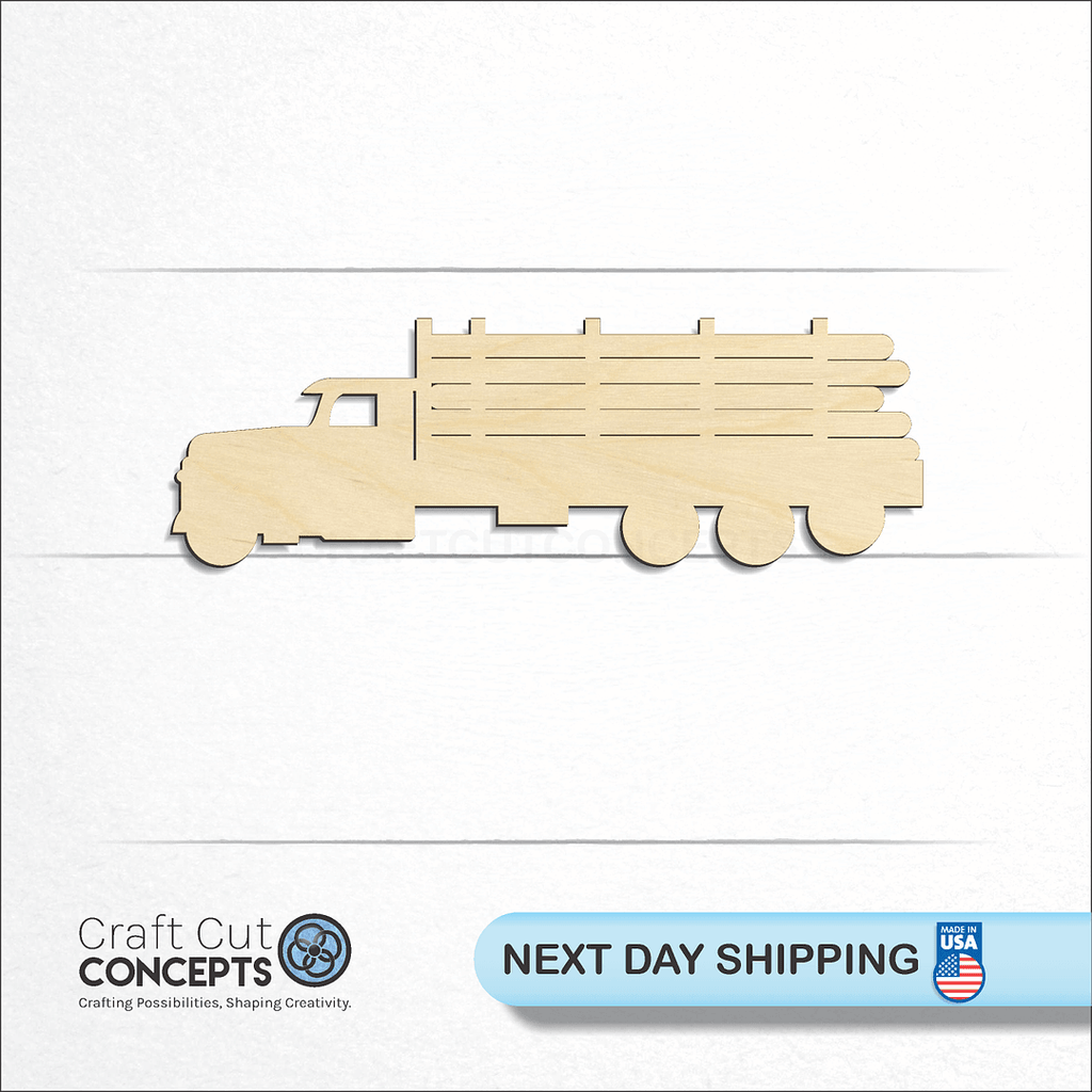 Craft Cut Concepts logo and next day shipping banner with an unfinished wood Logging Truck craft shape and blank