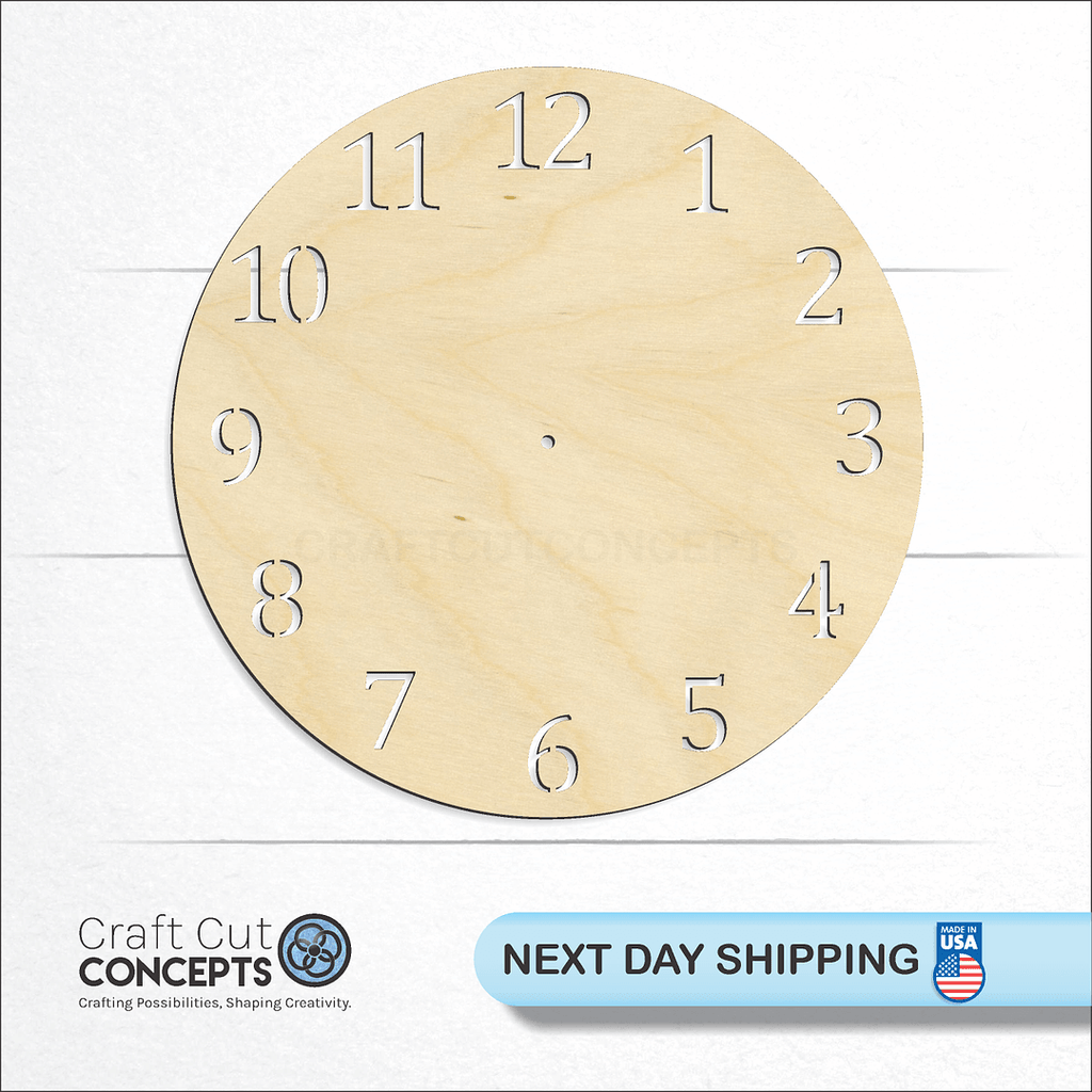 Craft Cut Concepts logo and next day shipping banner with an unfinished wood Clock Face craft shape and blank