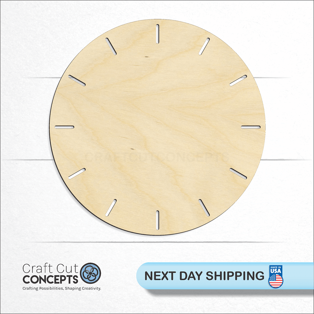 Craft Cut Concepts logo and next day shipping banner with an unfinished wood Clock Face craft shape and blank