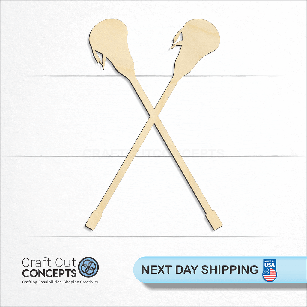 Craft Cut Concepts logo and next day shipping banner with an unfinished wood Lacrosse Sticks craft shape and blank