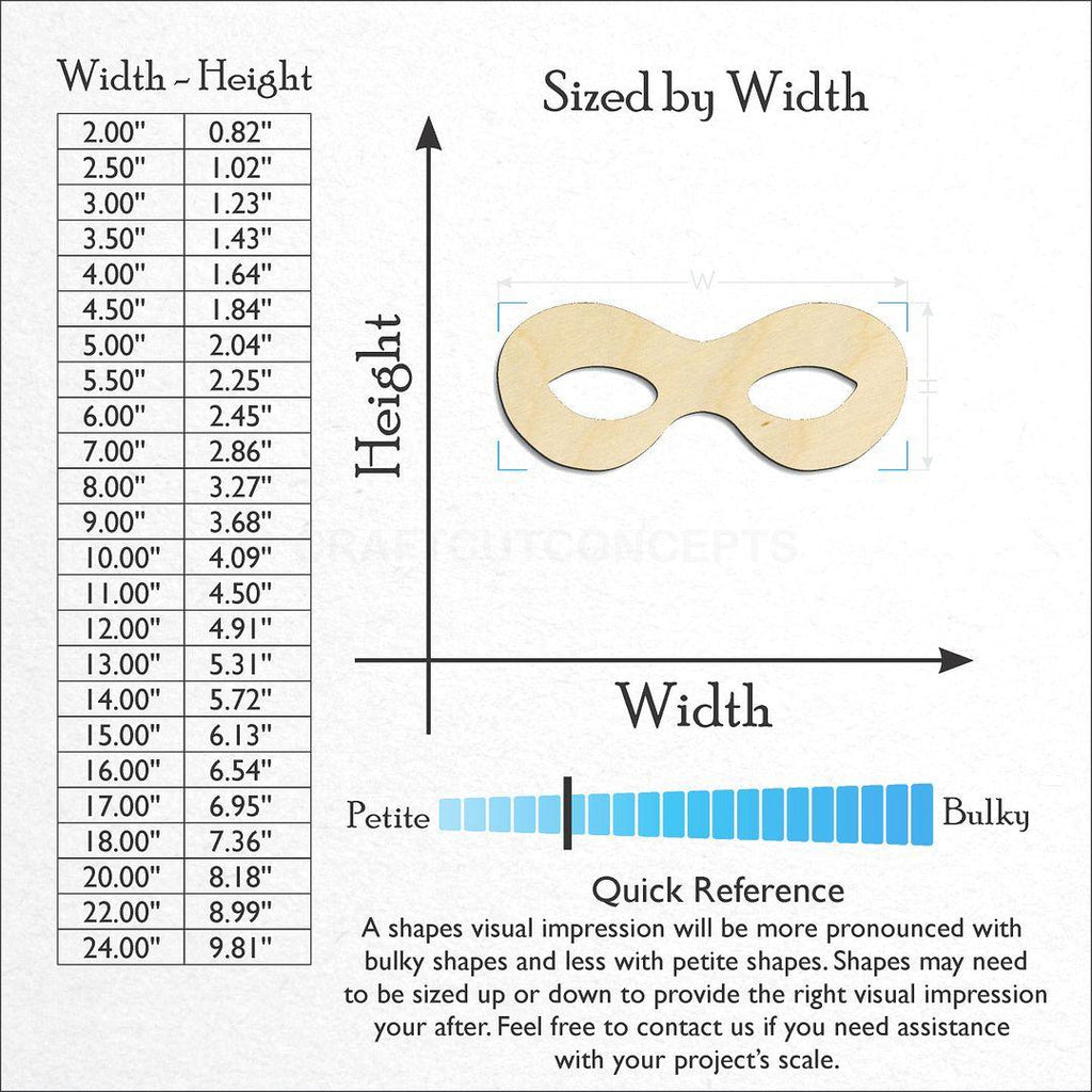 Sizes available for a laser cut Super Hero Mask craft blank