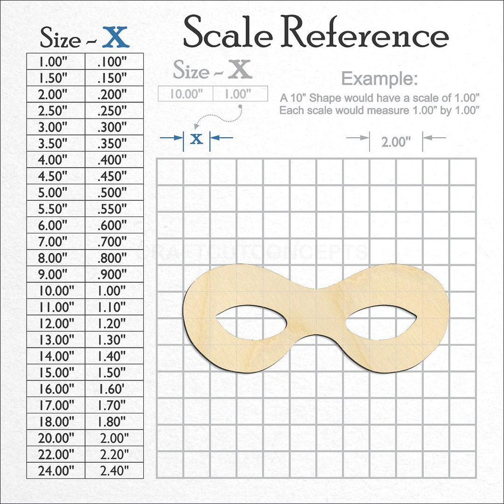 A scale and graph image showing a wood Super Hero Mask craft blank