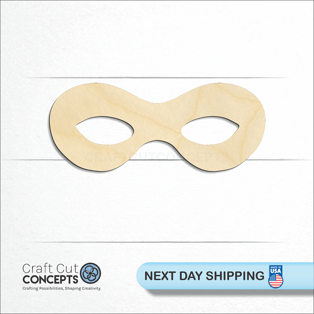 Craft Cut Concepts logo and next day shipping banner with an unfinished wood Super Hero Mask craft shape and blank