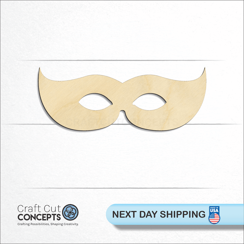 Craft Cut Concepts logo and next day shipping banner with an unfinished wood Mask craft shape and blank