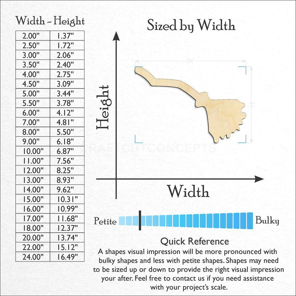 Sizes available for a laser cut Crooked Broom Stick craft blank
