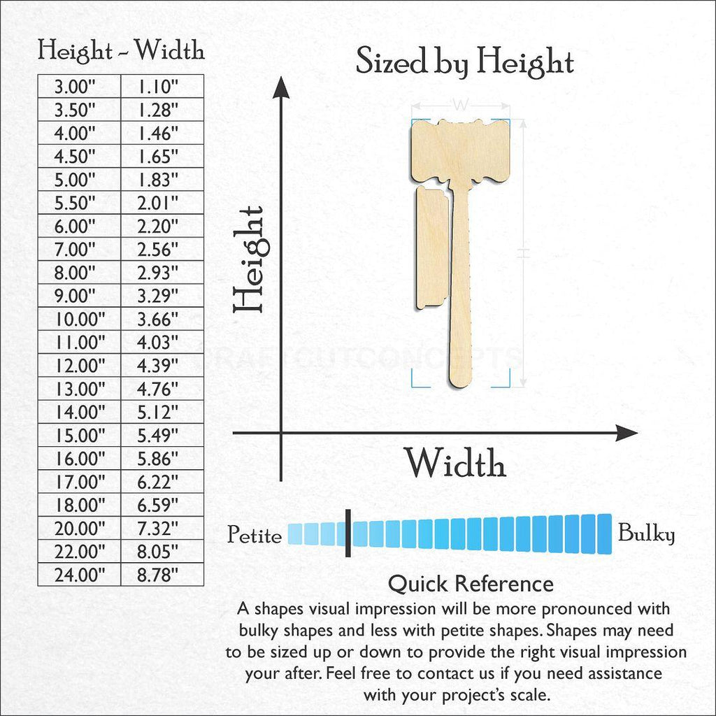 Sizes available for a laser cut Gavel craft blank