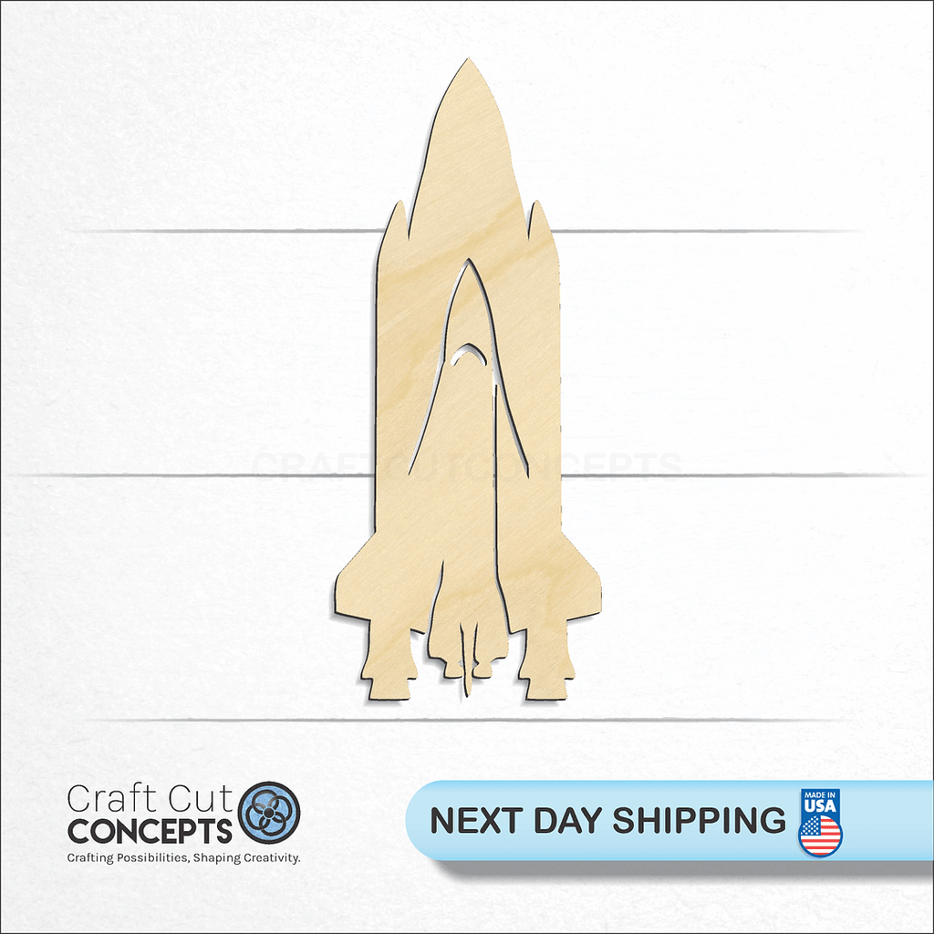 Craft Cut Concepts logo and next day shipping banner with an unfinished wood Space Shuttle craft shape and blank