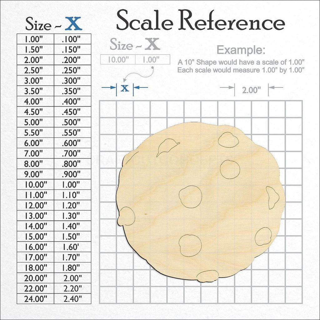 A scale and graph image showing a wood Chocolate Chip Cookie craft blank