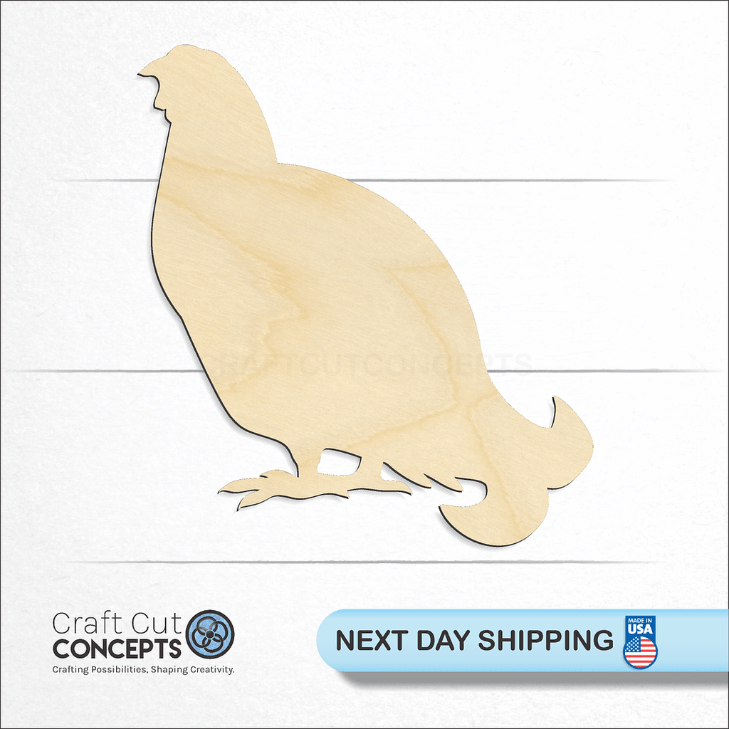 Craft Cut Concepts logo and next day shipping banner with an unfinished wood Grouse - Bird craft shape and blank