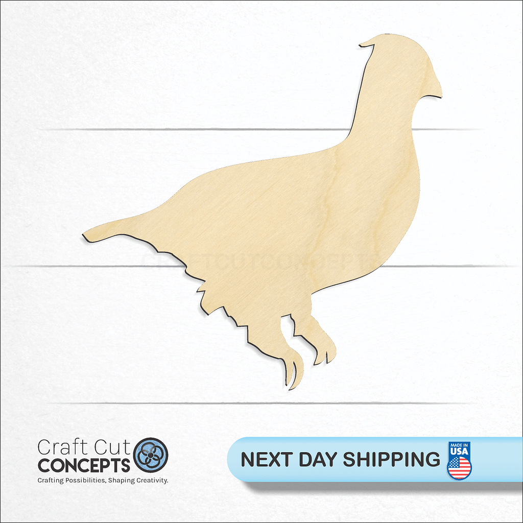 Craft Cut Concepts logo and next day shipping banner with an unfinished wood Grouse - Bird craft shape and blank