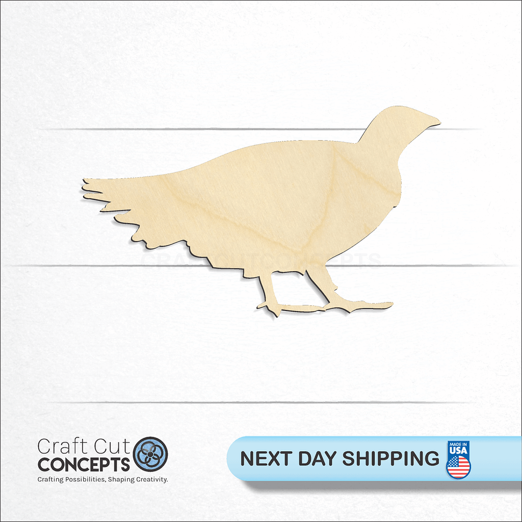 Craft Cut Concepts logo and next day shipping banner with an unfinished wood Grouse - Bird craft shape and blank