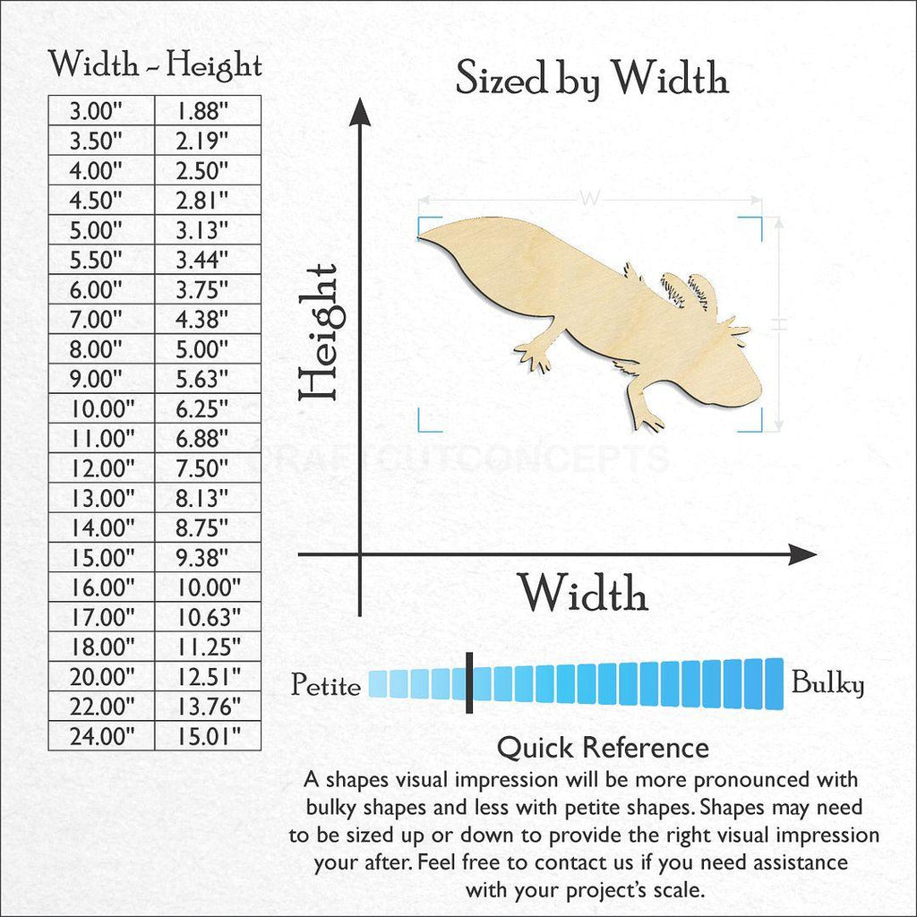 Sizes available for a laser cut Axolotl craft blank