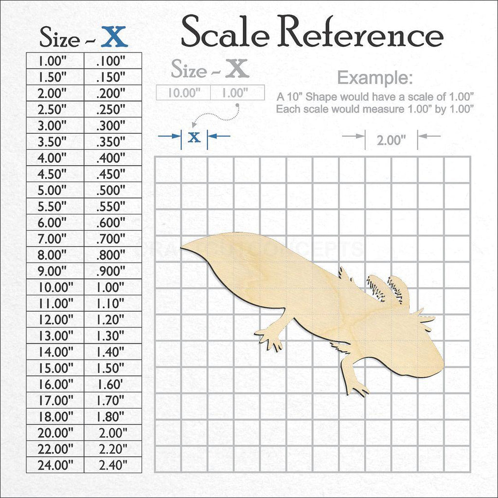 A scale and graph image showing a wood Axolotl craft blank